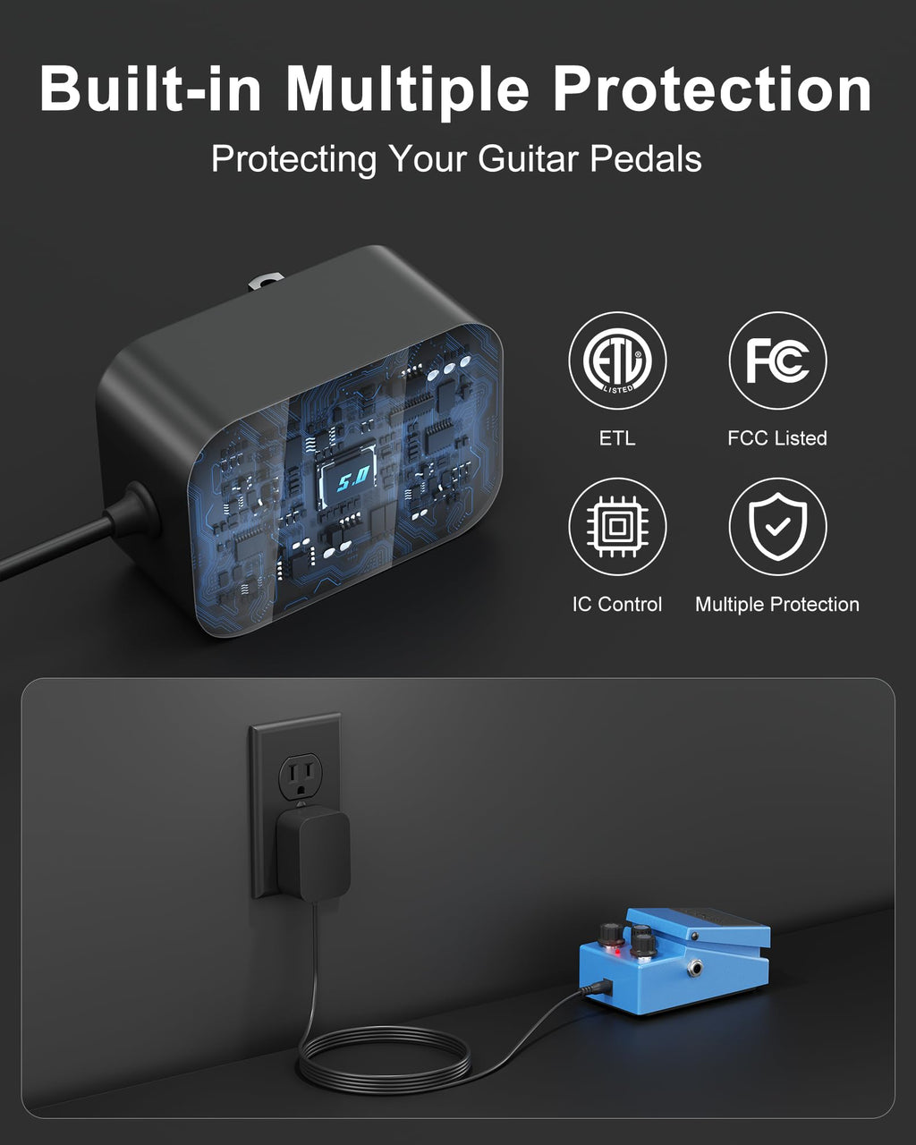WUKUR 9V Power Supply for Guitar Pedals,Compatible with Boss PSA Adapter 9V DC for Pedals Like ME-80 ME-70 ME-25 GT-100 GT-1 GT-10 BR-80 RC-1 RC-3,5.9FT/1.8M Guitar Pedal Power Cable for Effects