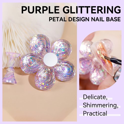 Makartt Nail Stand: Nail Holder for Painting Nails DIY, Magnetic Press on Stand Pink and Purple for Art Display Practice, Purple Glitter Flower Fake Holder for Home Salon with Reusable Adhesive Putty