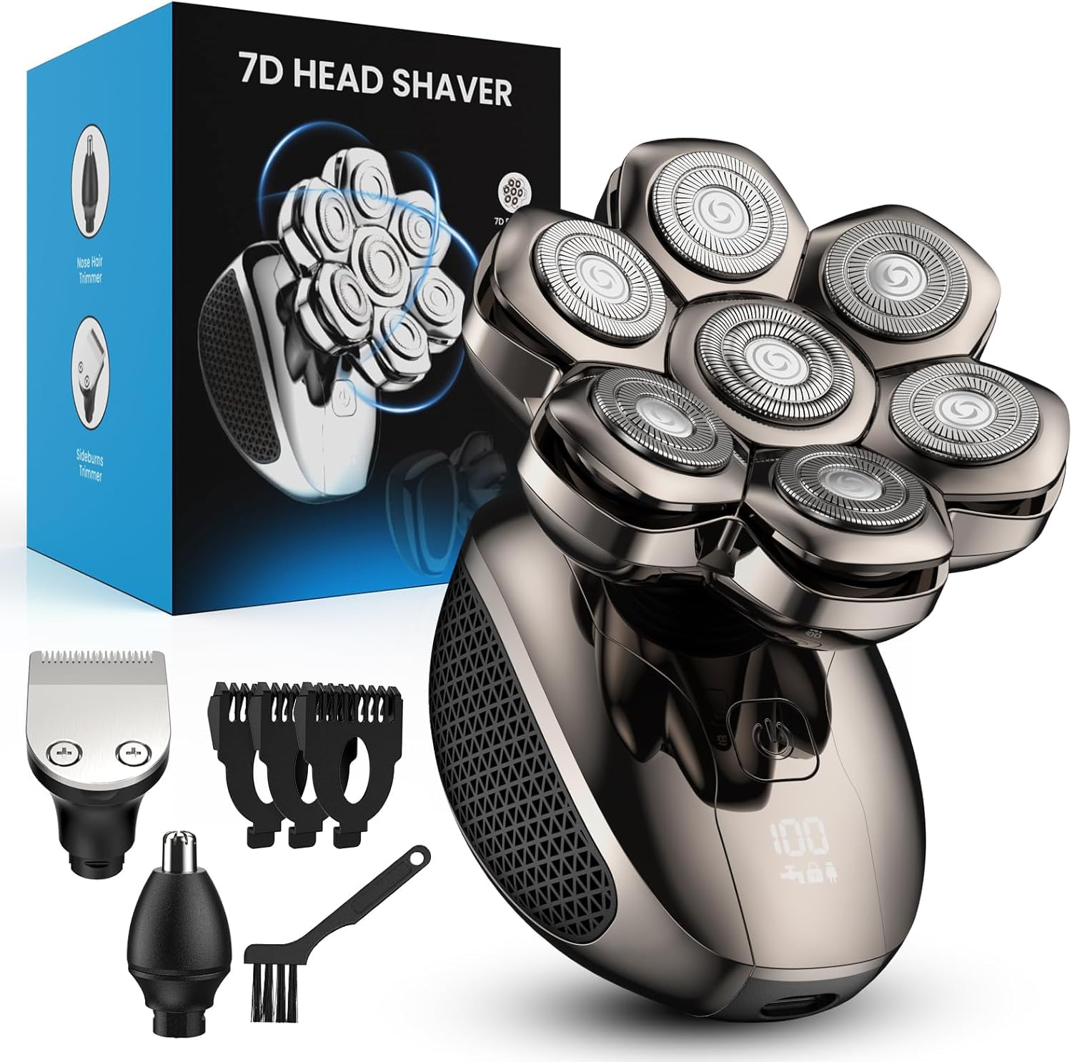 Feysfew Head Shaver for Bald Men, 7D Floating Electric Razor, Close Smooth Shave for Head, Flexible Heads, Replaceable Blade, IPX7 Waterproof Wet Dry Use, LED Display, USB Charging Gray