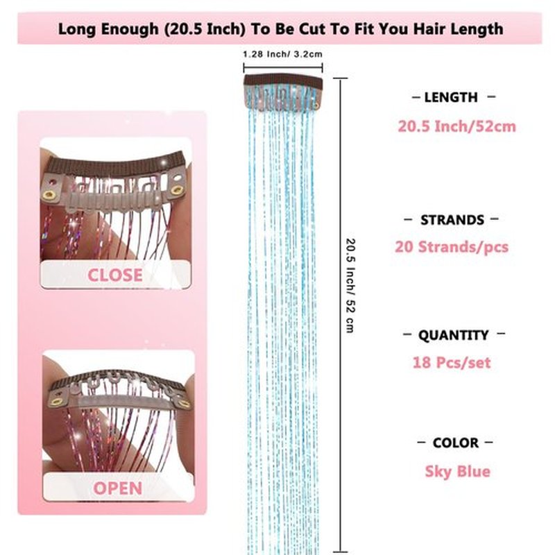 Obinying Hair Tinsel 18 Pcs Hair Tinsel Clip in 20.5 Inch Glitter Tinsel Hair Extensions Clip in Hair Tinsel Kit Party Festival Fairy Hair Accessories for Girls Women Kids (Sky Blue)