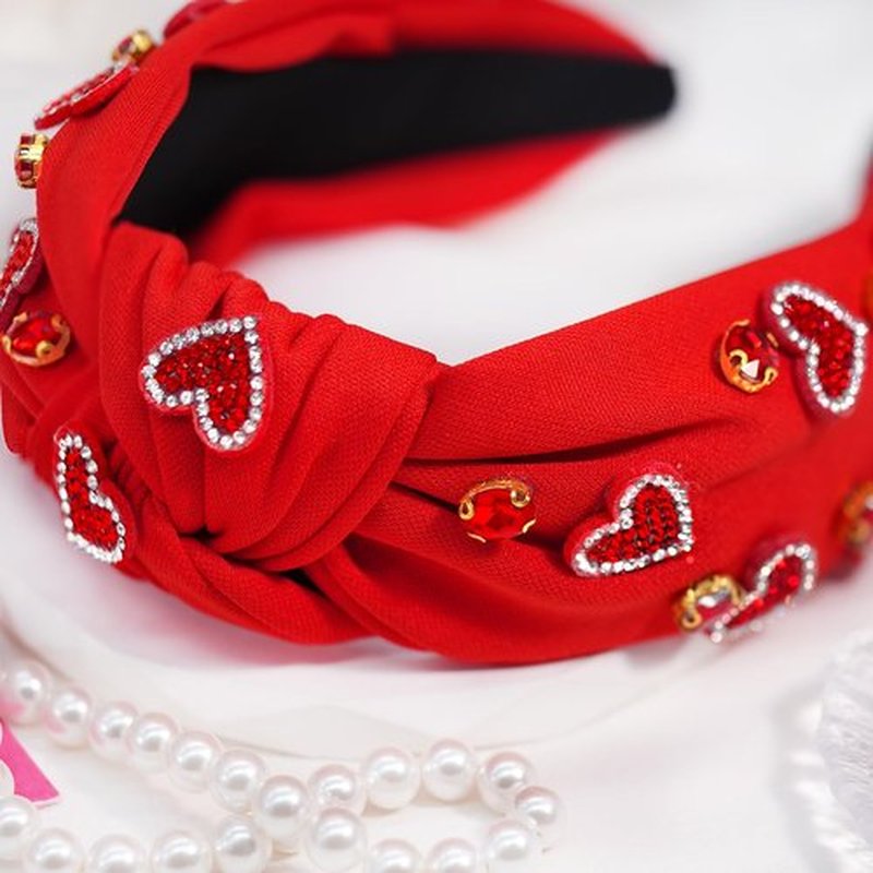 Palotay Red Heart Valentines Headband for Women Rhinestone Beaded Heart Headbands Valentine Day Hair Accessories Jewelry Gifts
