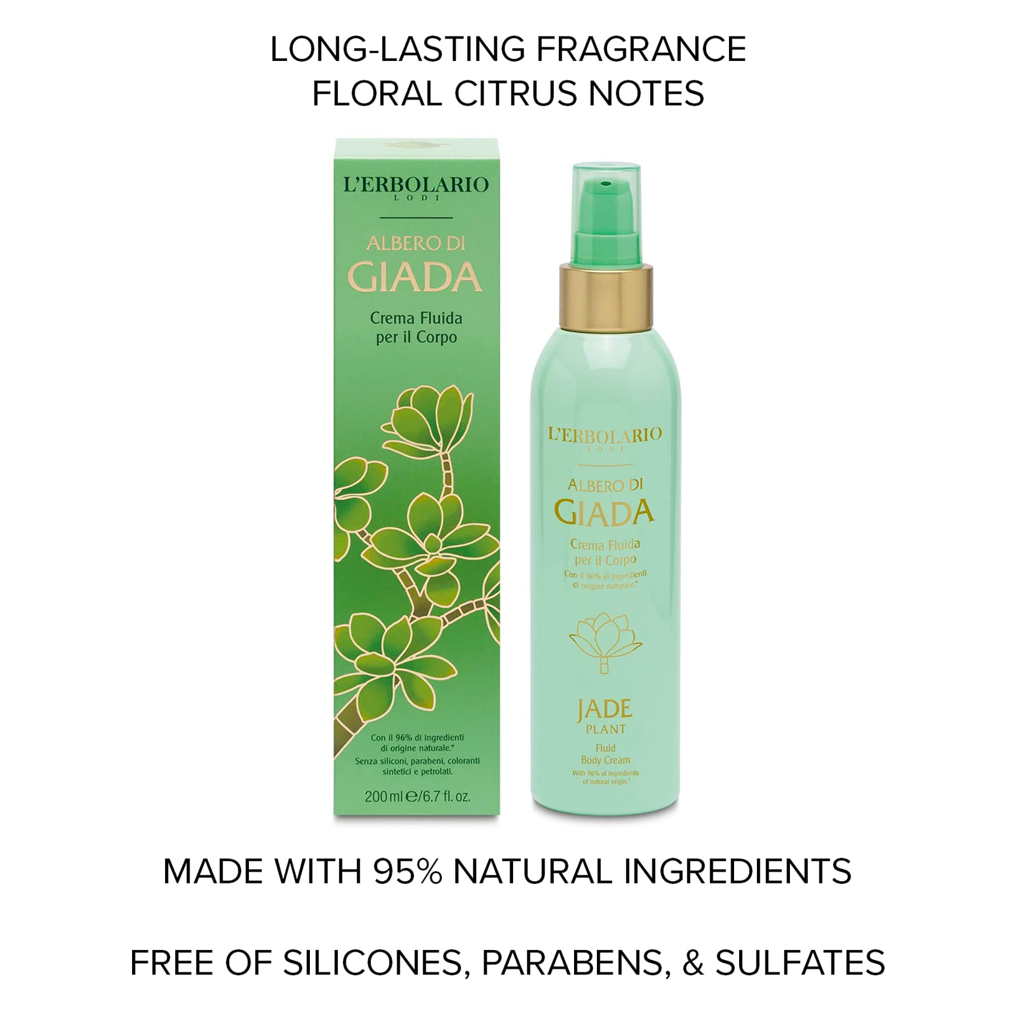 L’Erbolario Jade Plant Fluid Body Cream - Moisturizing Cream for Dry Skin - Jade Plant Extract - With Coconut, Shea Butter, and Vitamin E - 6.7 oz