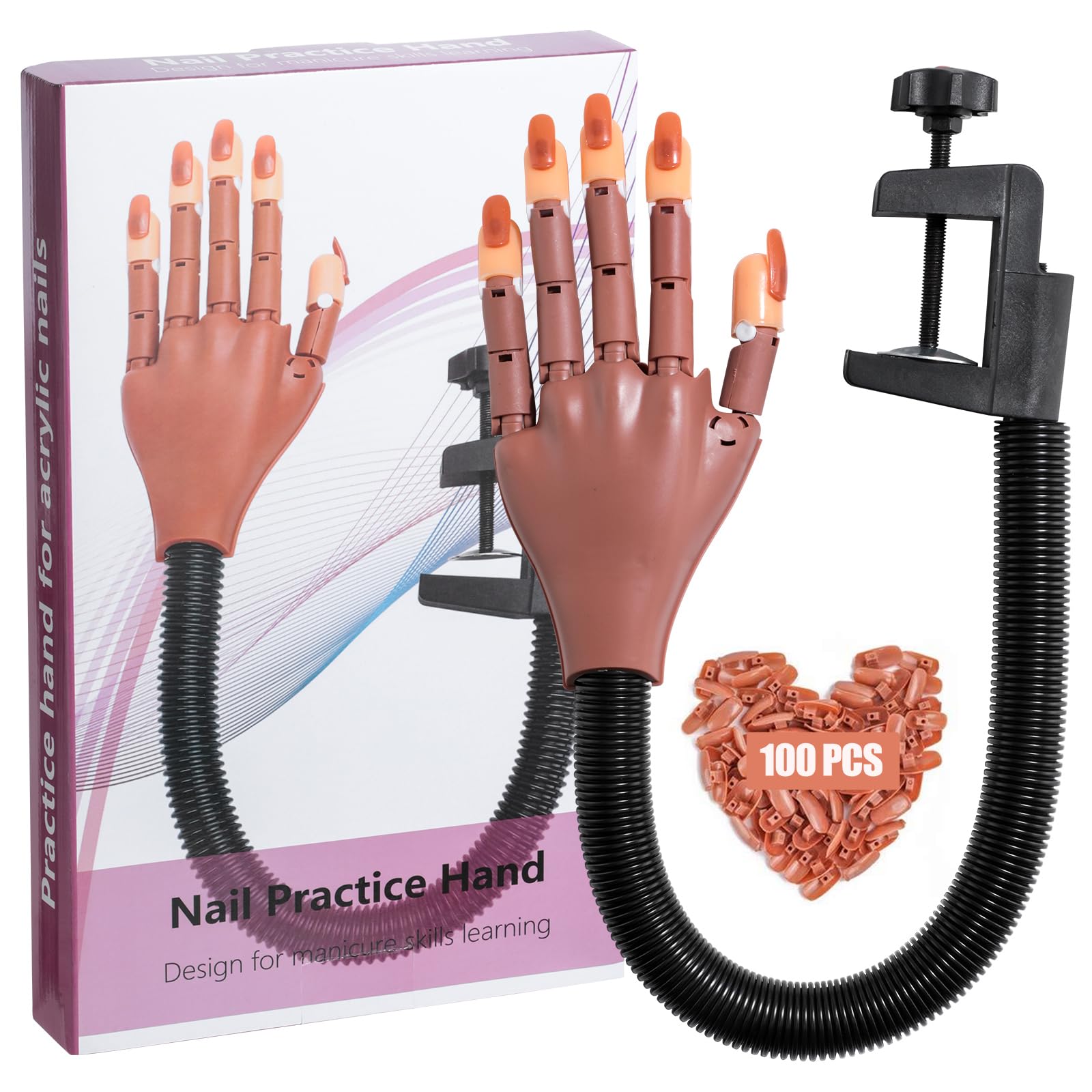 Yiesoum Practice Hand for Acrylic Nails, Flexible Never Fall Off Nail Trainning Adjustable Hands Kits, Fake Hands for Nail Practice, Nail Display Manicure, Movable Nail Maniquin Hand(100PCS Nail Tips)