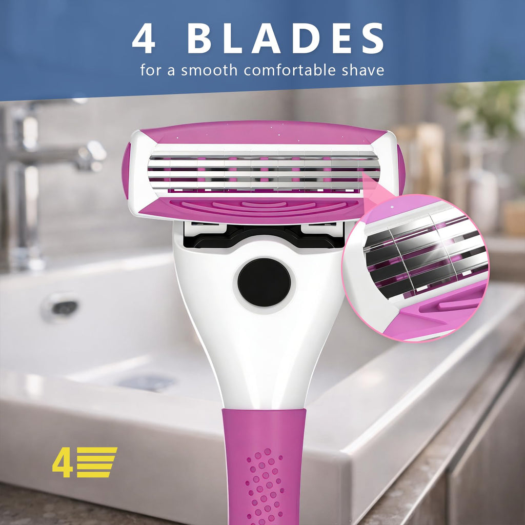 FYNEDGE Women's Safety Razor with 8 Replacement Blade Refills- 4 Blade Razors for Women, 2 Pink Handle Rubber Grip, 45° Pivoting Head, Lubricating Strip & Cleaning Brush for Smooth Shaving