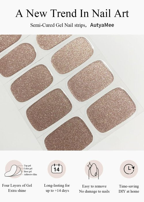 AutyaMee Semi Cured Gel Nail Strips (Champagne Gold Glitter), Sparkle Finish, 20 Pcs Gel Nail Wraps, Stickers, Salon Quality, Long Lasting, Works with Any UV Lamps