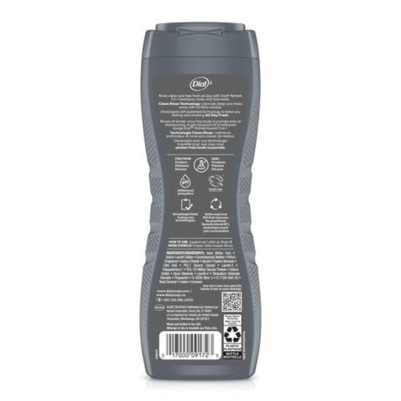 Dial Men 3 in 1 Body, Hair and Face Wash, Refresh, 16 Fl Oz (Pack of 4), Blue Sage Scent, Cleanses Deep + Gentle on Skin with Clean Rinse Technology