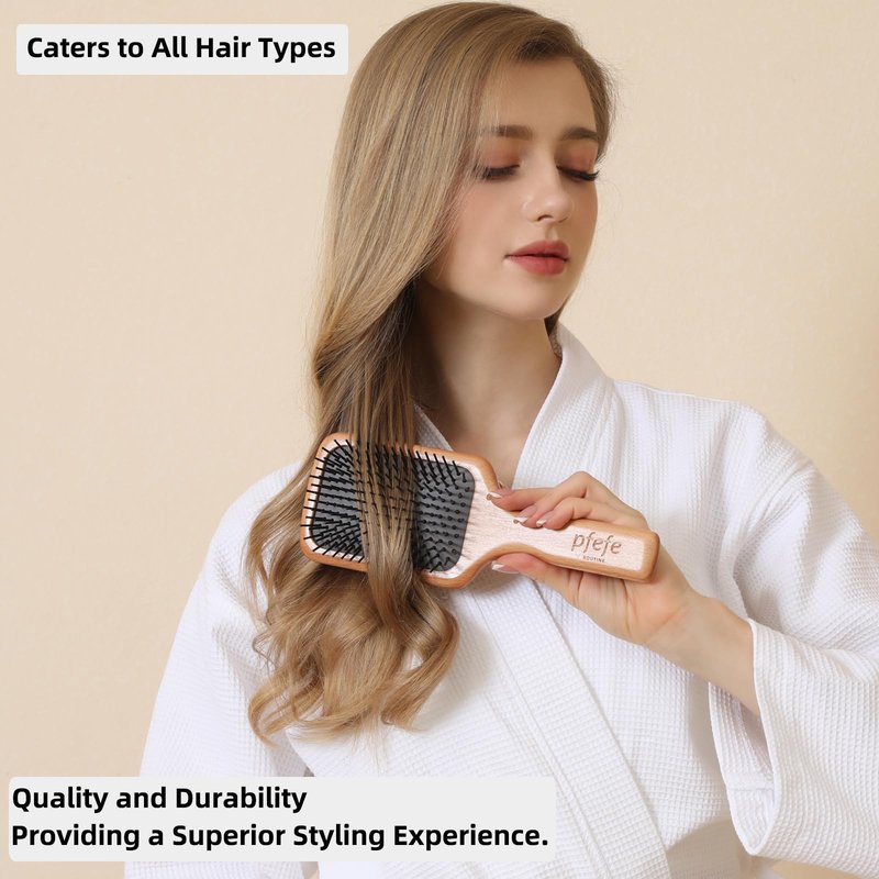 Wooden Paddle Hair Brush - Square Detangling Reducing Breakage Hairbrush for Men & Women, Beechwood Air Cushion Brush with Travel Bag for Thick, Curly, Wet, Dry Hair