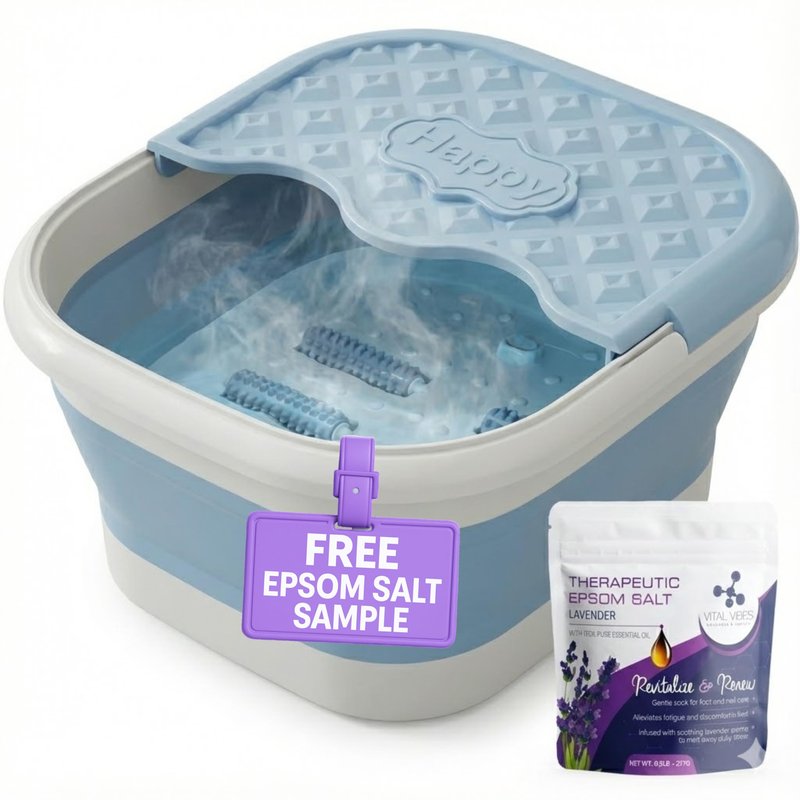 Vital Vibes Collapsible Foot Spa Bath Massager – Large Foot Soaking Tub with Heat Cover & Rollers – Professional Pedicure Kit for Callus Removal, Pain Relief & Soaking – Includes Epsom Salt