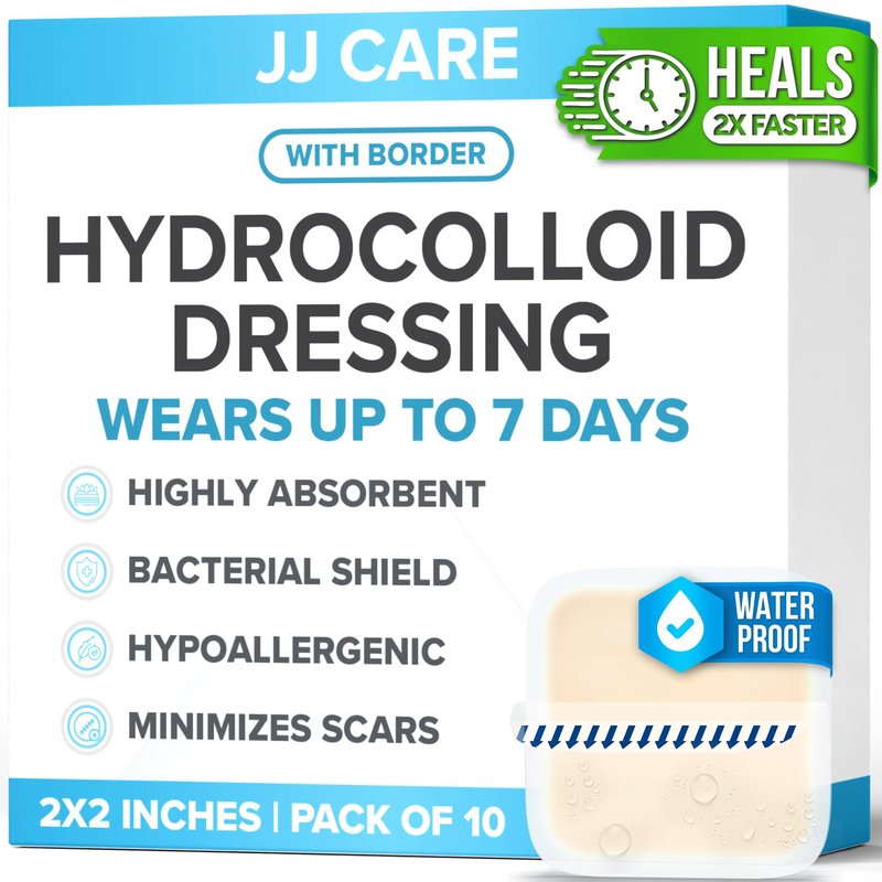 JJ CARE Hydrocolloid Dressing 2x2 [Pack 10], 1.2MM Thick Hydrocolloid Bandages with Border, Self-Adhesive Thin Hydrocolloid Wound Dressing, Wound Care Bandages for Bedsores and Blisters