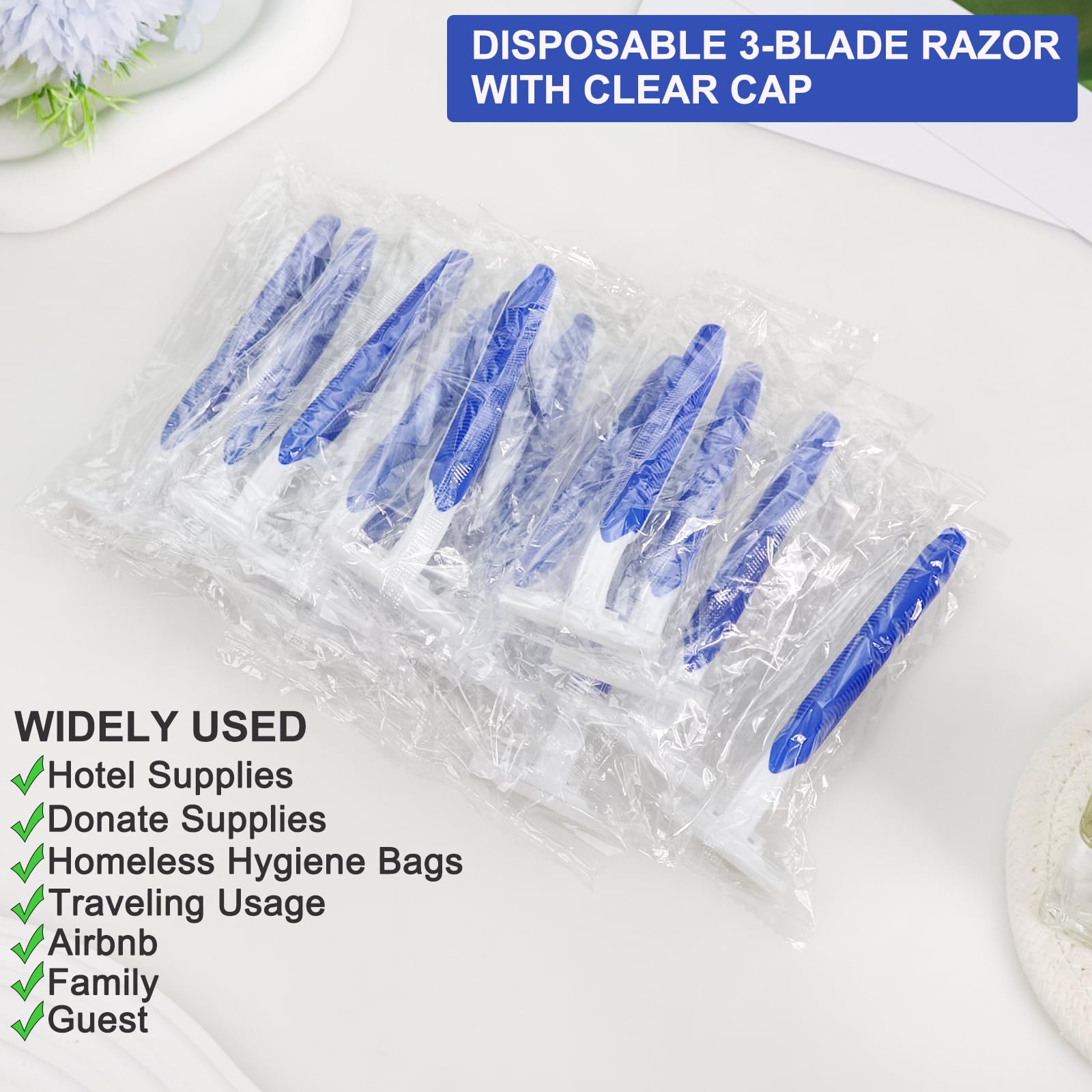 Xuezoioy Disposable Razors Bulk Pack of 50,Blue Travel Bulk Razors Single Use Individually Wrapped 3 Blade Men's Disposable Shaving Razors with Clear Cap for Homeless,Hotel,Charity,Air Bnb,Unisex