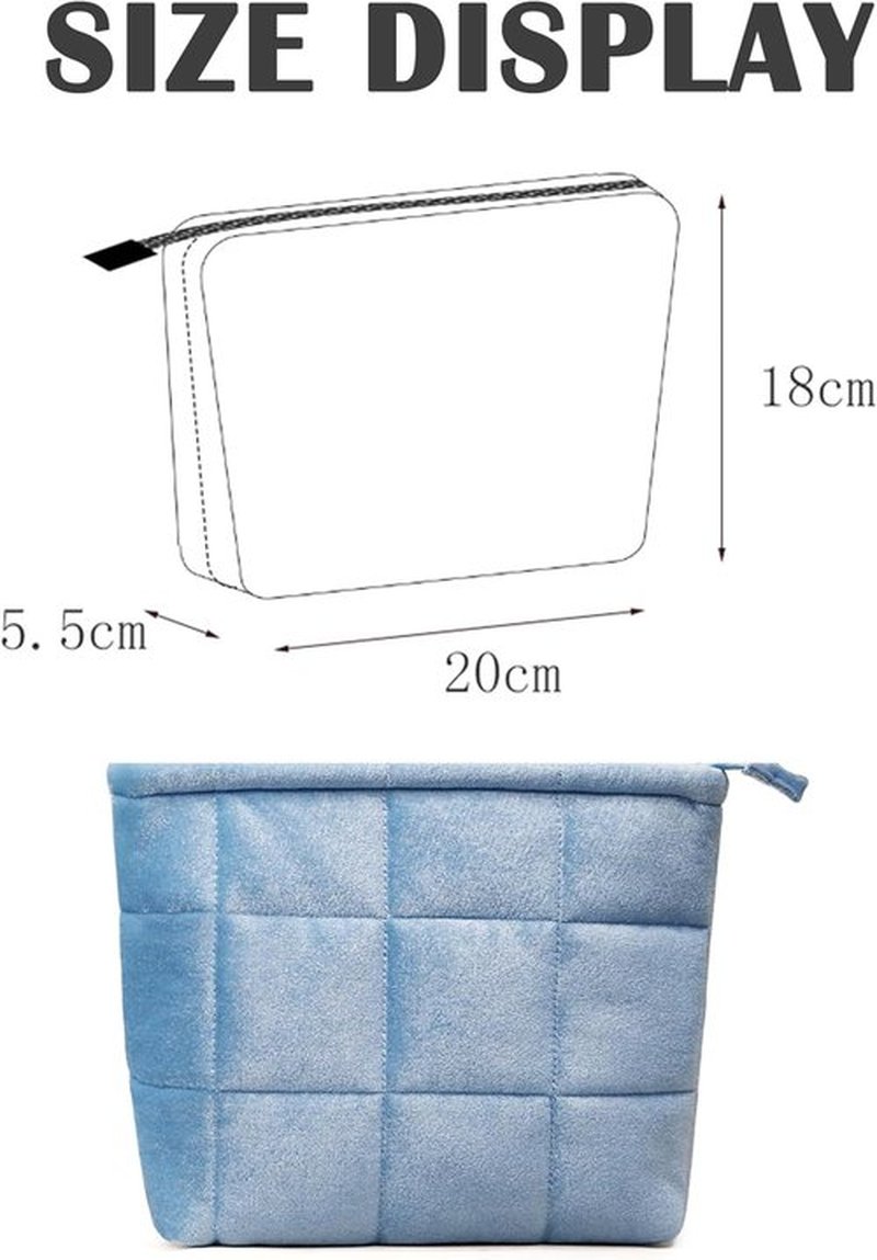 Skiennix Puffy Quilted Makeup Bag - Sky Blue Velvet Cosmetic Organizer Pouch for Travel