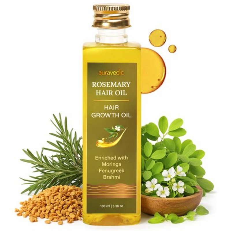 Auravedic Rosemary Hair Growth Oil with Moringa, Fenugreek & Brahmi | Scalp Nourishing Oil for Dry, Weak Hair & Breakage Care | Supports Fuller-Looking, Healthier Hair | 3.38 Fl Oz (100ml)