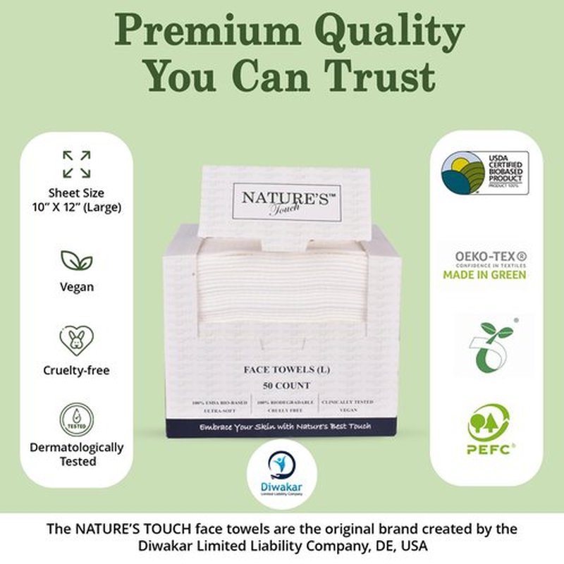 Nature’s Touch Face Towels, Biodegradable Viscose, 100% USDA Biobased, Disposable Face Towelette, Ultra Soft, Vegan, OEKO-TEX Certified, Travel, Skincare, Beauty Routine Use, 10"x12", Pack of 1, 50 Ct
