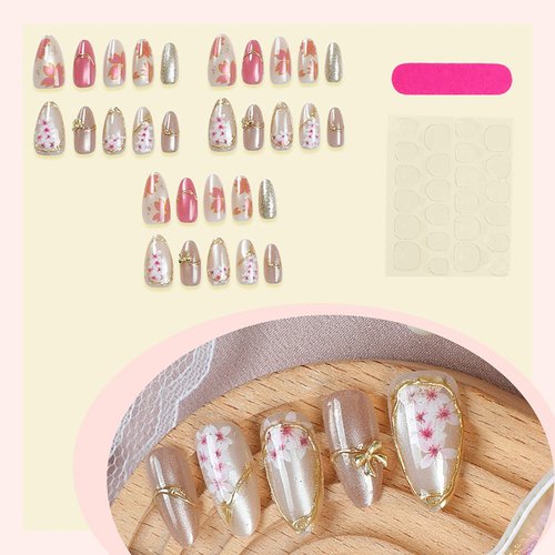 Handmade Press on Nails-medium Almond Fake Nails | 3D Cherry Blossom & Golden Bow Design False Nails,Pink Cat Eye Acrylic Nail,Stick on Nails for Women Girls Daily Nail Art 30Pcs