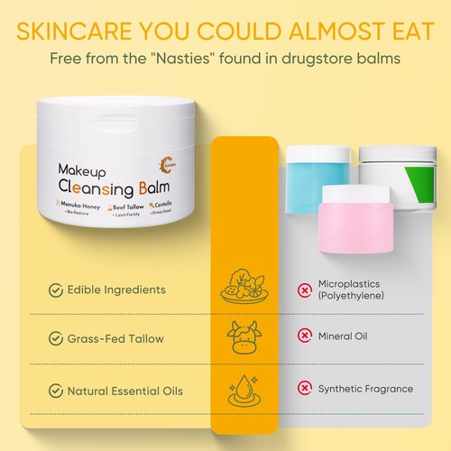 Grocerism Cleansing Balm Makeup Remover, Manuka Honey & Grass-Fed Tallow with Soothing Cica (Centella), Melts Waterproof Mascara & SPF, Non-Comedogenic for Sensitive Dry Skin & Eyes, 3.53 Oz