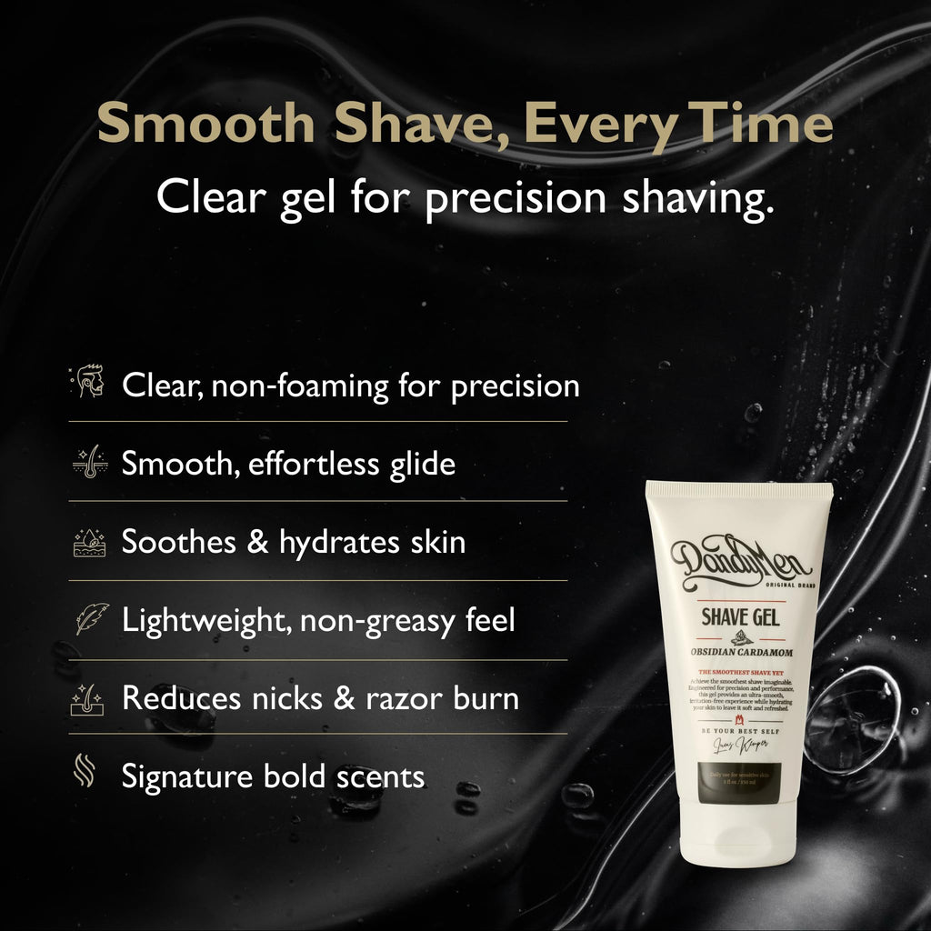 DandyMen Clear Shaving Gel for Men – Precision Edge with Pro-Vitamin B5 – Non-Foaming & Hydrating for Sensitive Skin – Obsidian Cardamom, 5 oz
