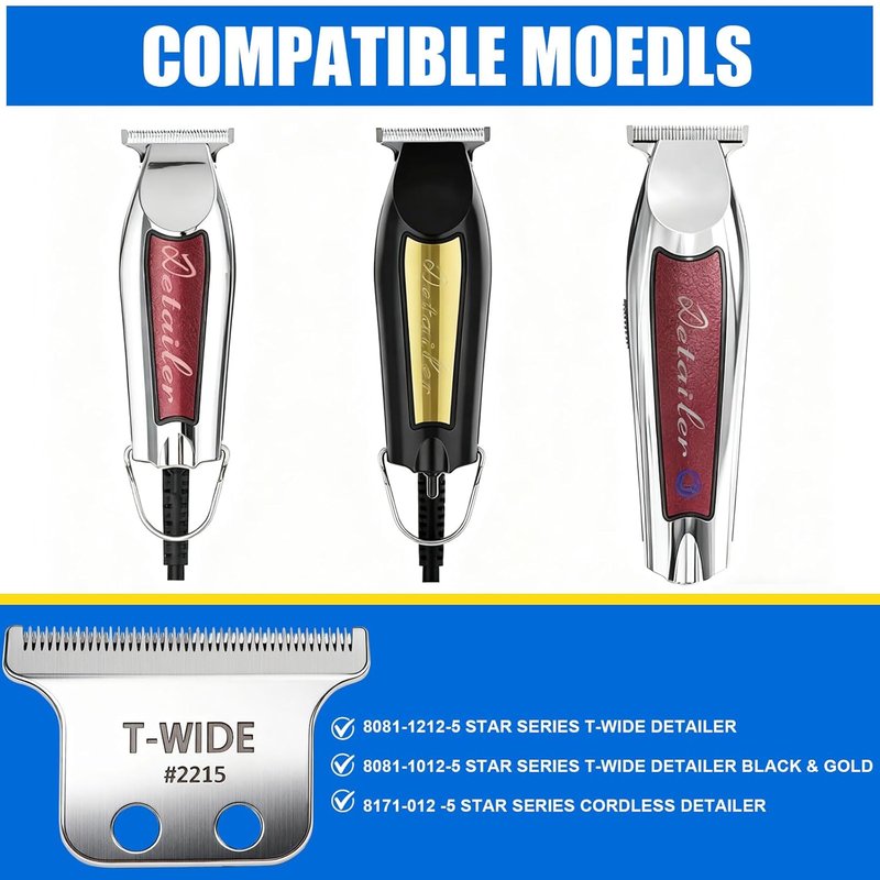 Wahl 2215 Replacement T Wide Blades - Adjustable Stainless Steel Zero-Gap for 5 Star Detailer Trimmer (Silver)