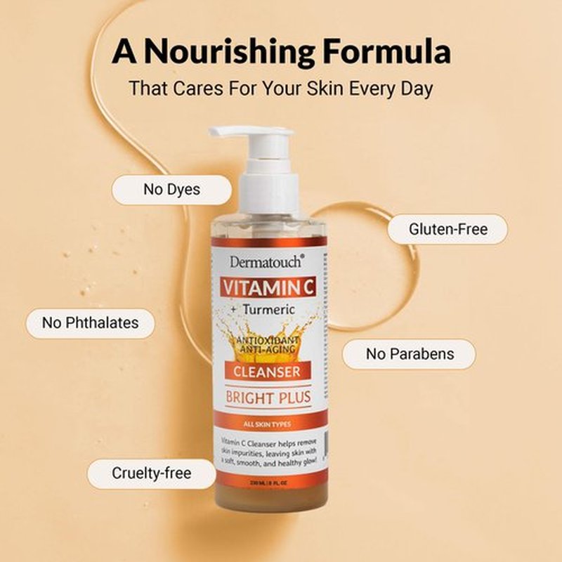 DERMATOUCH® Vitamin C Cleanser Water with Turmeric, Gentle Foaming Facial Cleanser for Daily Use, Helps Remove Impurities, All Skin Types, Made in USA, 8 Fl Oz