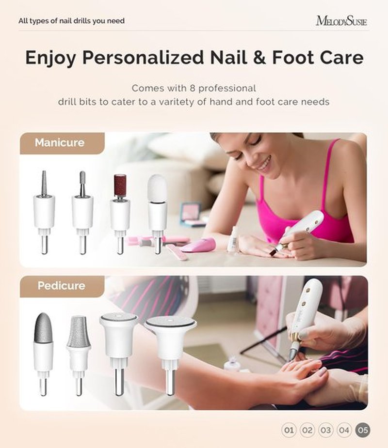 MelodySusie Professional Manicure Pedicure Kit, Cordless 8-in-1 Electric Nail Drill with 20 Speeds, Rechargeable E-File for Thick Nails & Cuticles, Ideal Foot Care for Women Men-PC650E