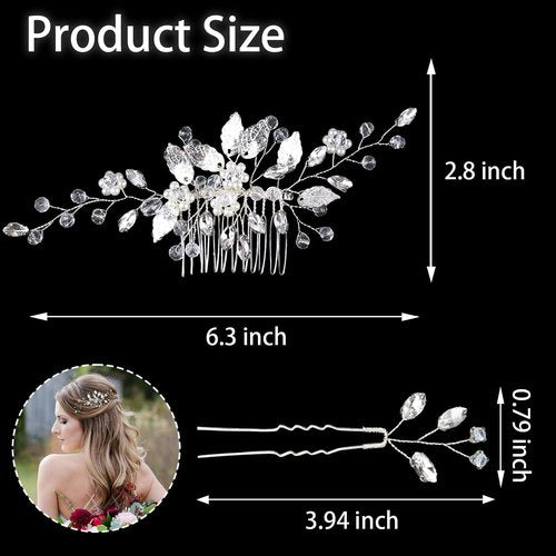 Crystal Wedding Hair Accessories - Hair Comb with Rhinestone Hair Pins and Pearls for Bride, Bridesmaids, Flower Girls (Silver)