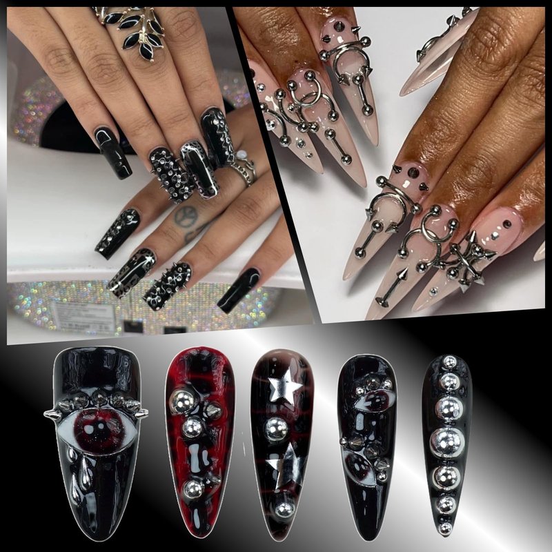 UWETIME 3 Boxes Goth Nail Charms Metal Charms for Nails Studs Black Silver Punk Accessories