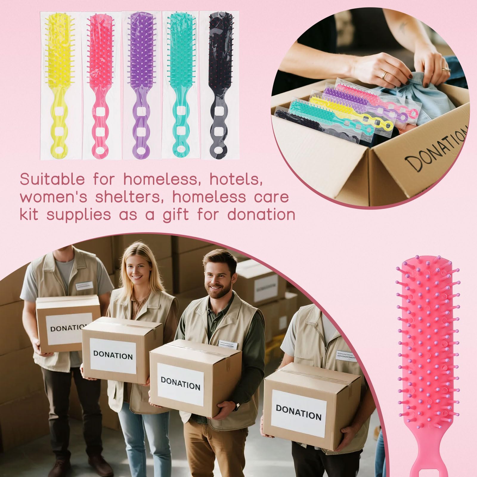 Hair Brushes in Bulk Individually Wrapped for Homeless,Plastic Hair Brush for Curly Wavy Hair,Detangling Hair Brush for Shelter Hotel Nursing Charity (yellow green purple pink black) (pack of 50)