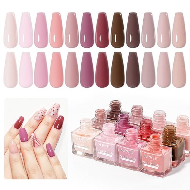SUPWEE 12 Colors Nail Polish Set, Quick Dry Regular Natural Nude Pink Nail polish Non Gel, Atir Fast Drying Fingernail Lacquer for Women Girls Manicure Salon DIY Home
