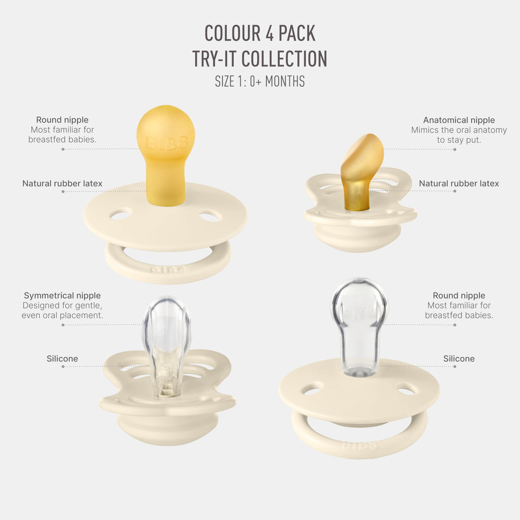 BIBS Try-It Collection | 4-Pack Soothers | BPA-Free Round, Anatomical & Symmetrical Nipple | Natural Rubber Latex/Silicone | Made in Denmark | 0-6 Months | Ivory