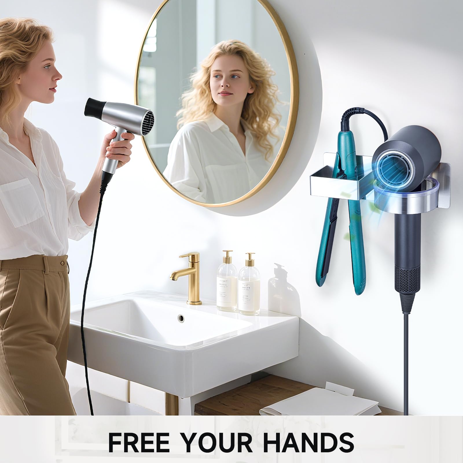 Hair Dryer Holder Wall Mounted, Hair Straightener Holder, Blow Dryer Holder Adhesive, Hair Tool Organizer for Flat Iron, Hairdryer, Curling Iron Holder for Bathroom Vanity Barber Shop (Silver)