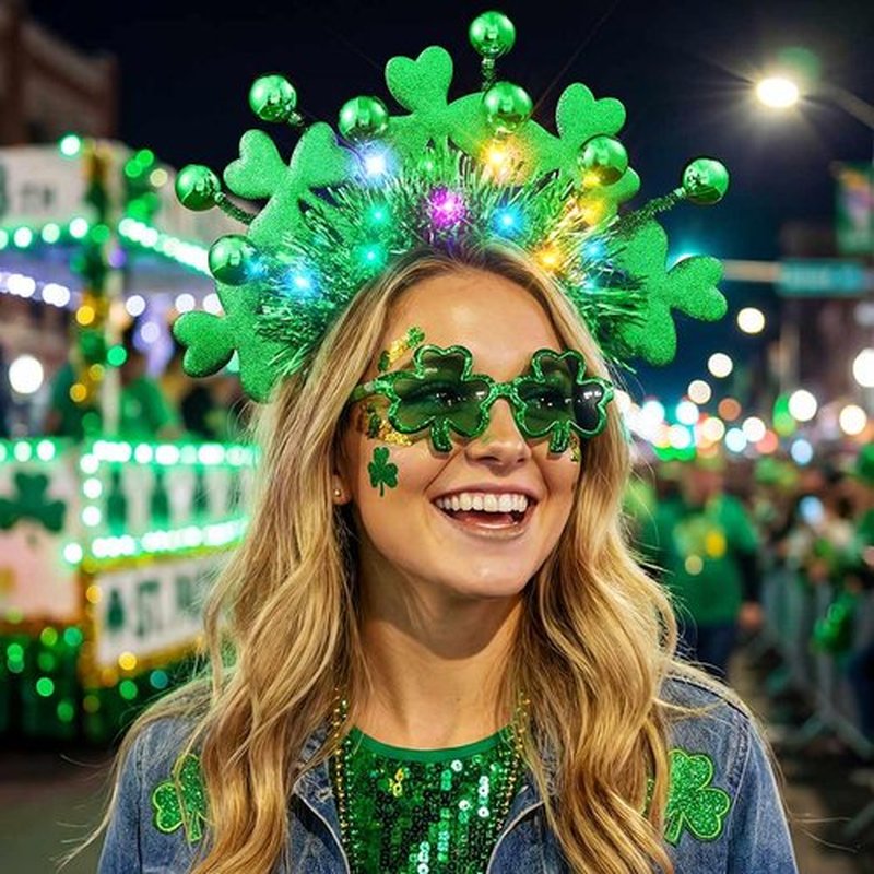 CAKURE Light Up St Patricks Day Headband Green Shamrock Headpiece Irish Day Hair Accessories for Women