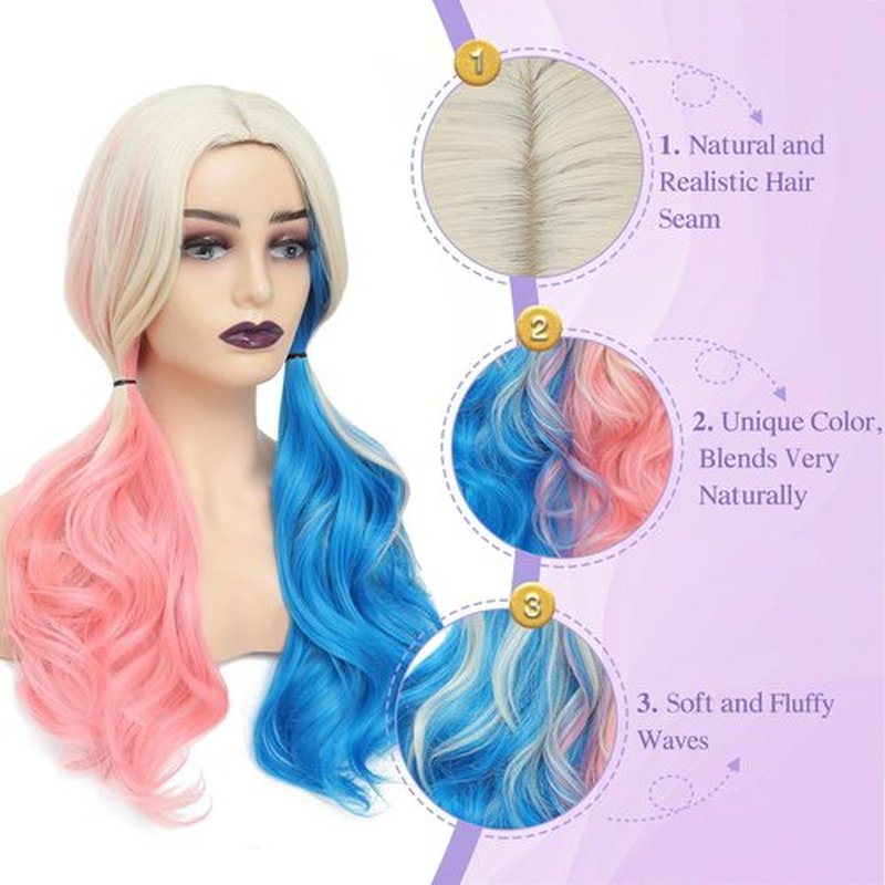 AISI QUEENS Pink and Blue Cosplay Wig - Harley Quinn Wig for Women Halloween Clown Girl Long Curly Synthetic Fiber for Women,Wavy Suicide Squad Style for Party