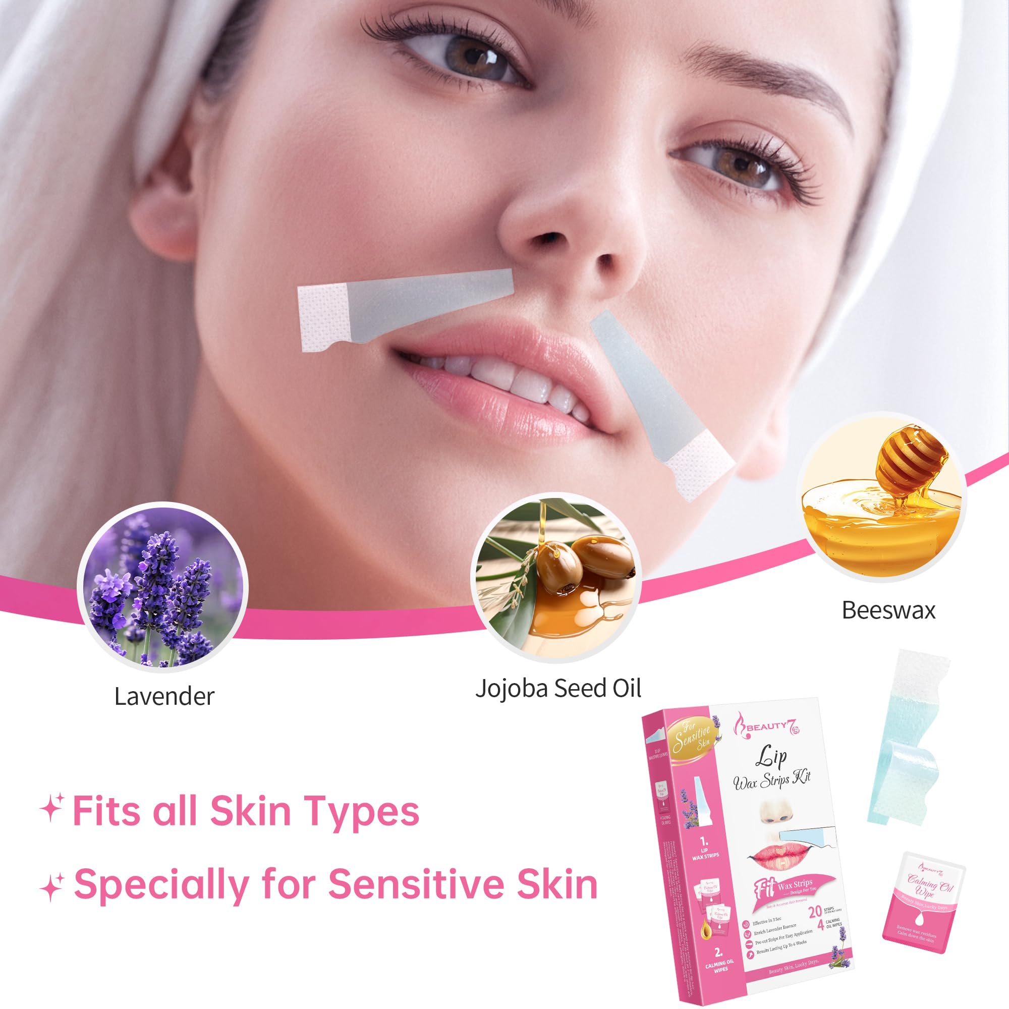 Beauty7 Sensitive Lip Wax Strips, Facial Wax Strips, Hair Removal 20 pcs with 4pcs Calming Oil Wipes, at Home Waxing for Women
