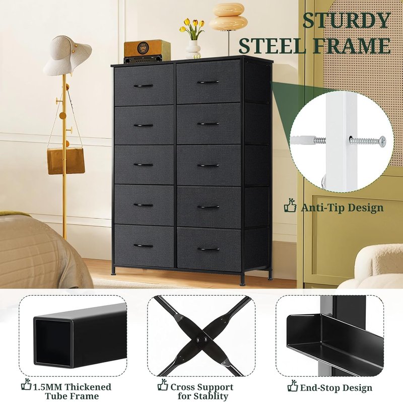 10-Drawer Dresser - Anti-Tip Tall Storage Organizer with Wooden Top & Metal Frame | Black Fabric Bins