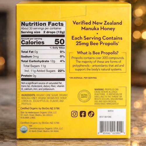 Skiennix Organic Manuka Honey Lemon Drops - Soothing Lemon Flavor with 25mg Bee Propolis | 60 Count Value Pack
