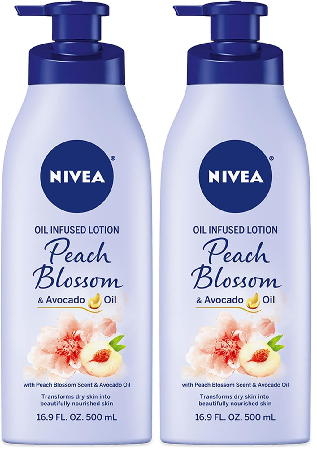 NIVEA Oil Infused Peach Blossom and Avocado Oil Body Lotion,Body Lotion for Dry Skin,16.9 Fl Oz Pump Bottle,(Pack of 2)