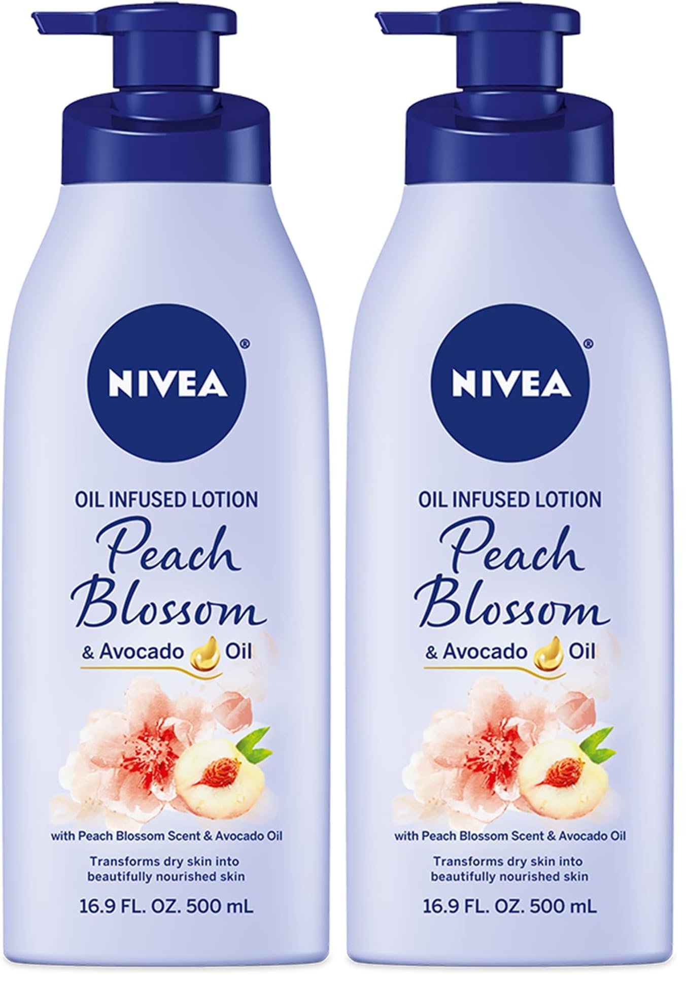 NIVEA Oil Infused Peach Blossom and Avocado Oil Body Lotion,Body Lotion for Dry Skin,16.9 Fl Oz Pump Bottle,(Pack of 2)