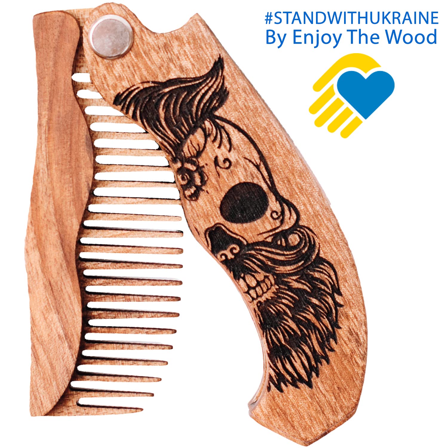 Wooden Beard Comb for Men - Personalized Folding Pocket Comb for Moustache Beard & Hair Walnut Combs Engraved (Half Skull)