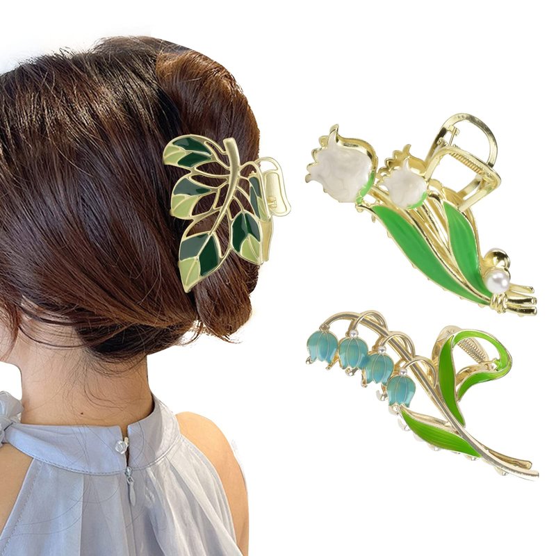 Yonchic 3-Piece Flower Metal Hair Accessories: White Tulips Hair Claw for Thin/Medium Hair, Blue Lily Hair Barrettes with Strong Hold Non-Slip Clamps