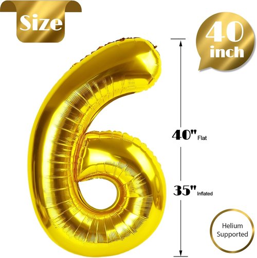 Gold Number 6 Balloon - 40 Inch Birthday Party Supplies in Gold and Black