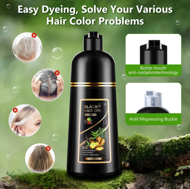 YUOLITA 4 in 1 Black Hair Dye Shampoo for Gray Hair, Semi-Permanent Instant Hair Color Shampoo for Women and Men, Herbal Ingredients Hair Care, 100% Grey Coverage 500ml
