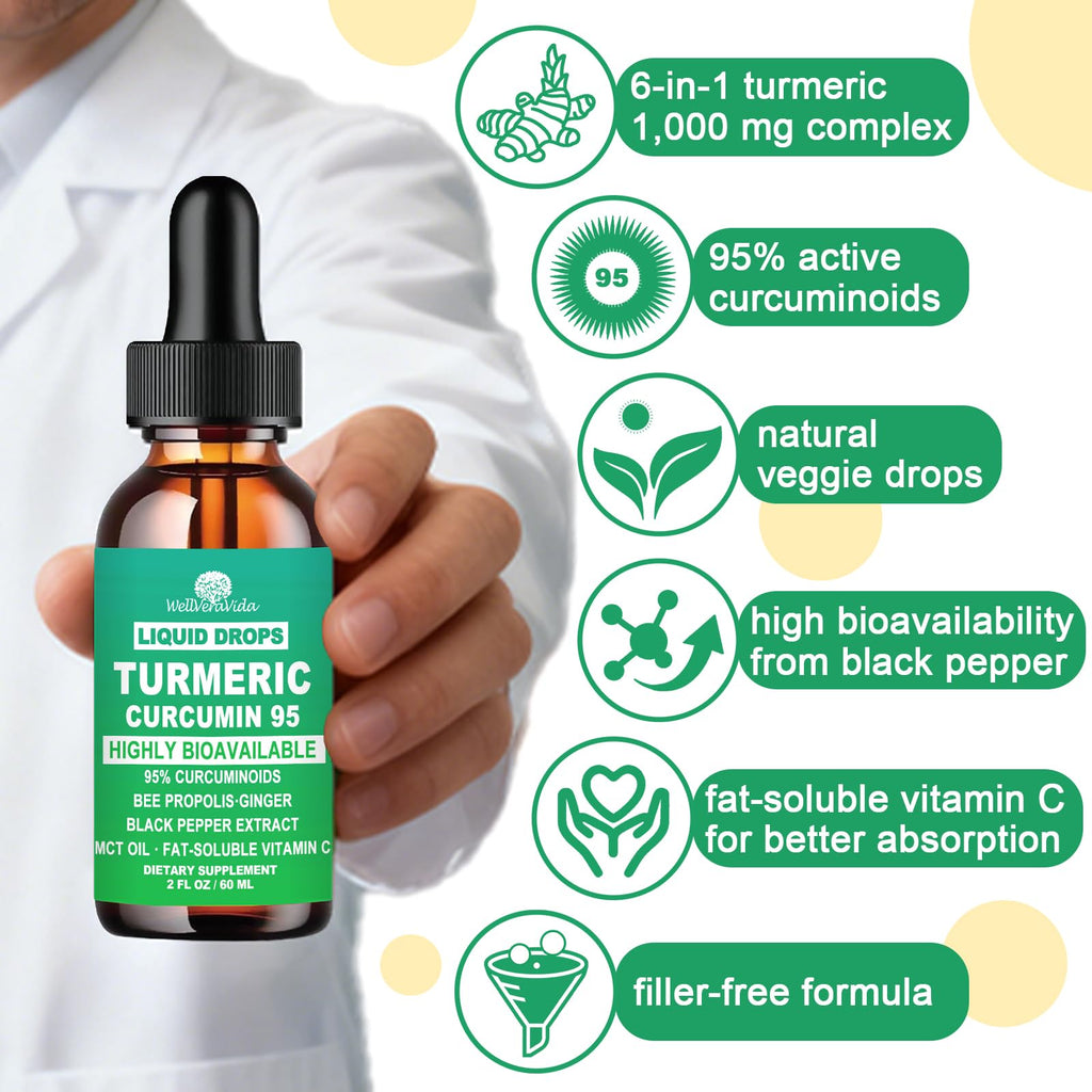 Turmeric Curcumin Supplement Drops with 95% Curcuminoids, Enhanced Absorption Liquid Turmeric Complex 1000mg w/Bee Propolis Ginger MCT Oil Vitamin C & Black Pepper for Joint & Immune Support | Non GMO