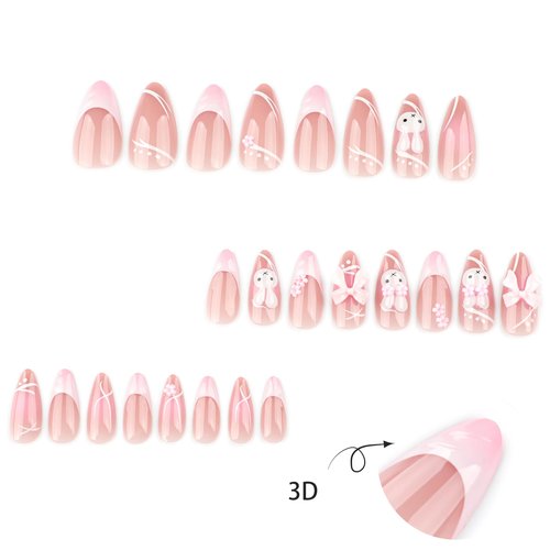 BABALAL Acrylic Press on Nails Medium Almond Fake Nails Pink French Tip Glue ons Bow Charm Design Cute Rabbit Nails Supplies 24Pcs Full Cover False Nails
