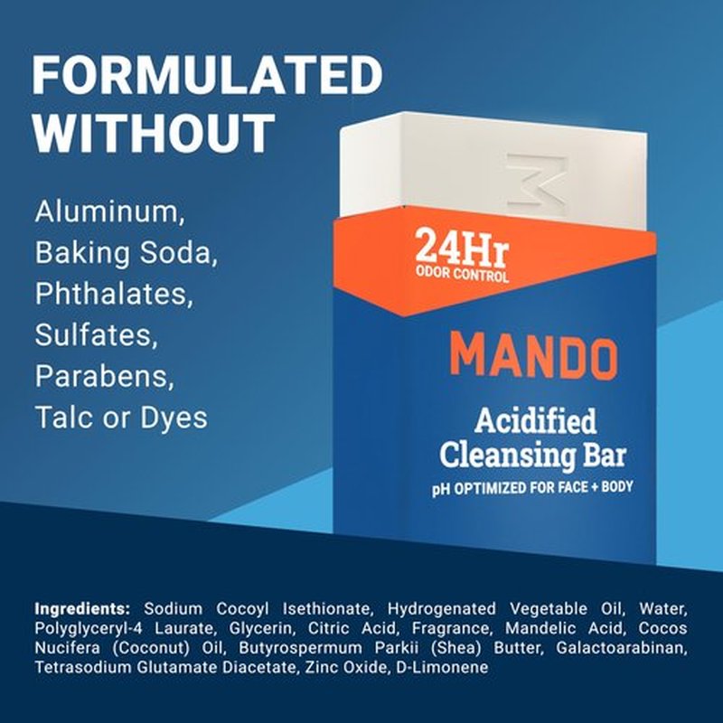 Mando Acidified Cleansing Bar - 24-Hour Odor Control - Removes Odor Better than Soap - Moisturizing Formula - SLS Free, Paraben Free - Safe For Sensitive Skin - Pro Sport
