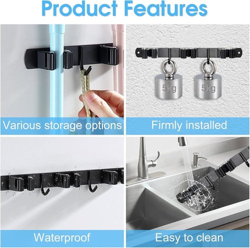 Huryfox Heavy-Duty Stainless Steel Broom Holder - Adjustable Wall Mount, 3 Racks & 2 Hooks, Black