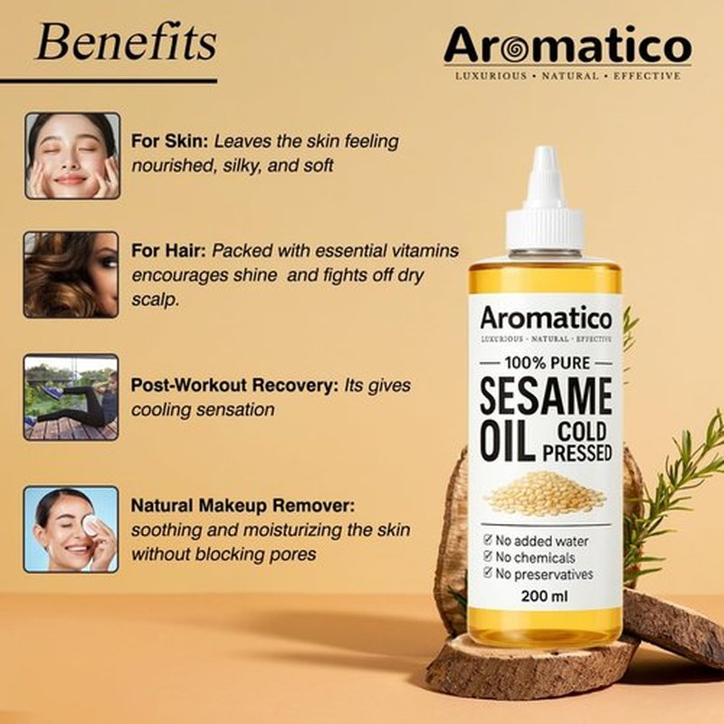 Aromatico 100% Pure Cold Pressed Sesame Oil for Skin, Hair & Massage – Lightweight, Non-Greasy Daily Care Oil, No Added Chemicals or Preservatives - 7 Fl Oz