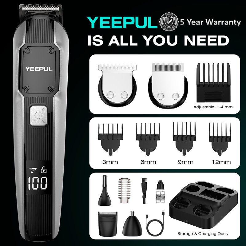 [2026 Upgrade] Beard Trimmer for Men, 12-in-1 Cordless Grooming Kit with Charging Dock, Professional Barber Hair Clippers, IPX7 Waterproof Body Groomer, Electric Razor for Nose/Ear/Mustache/Facial
