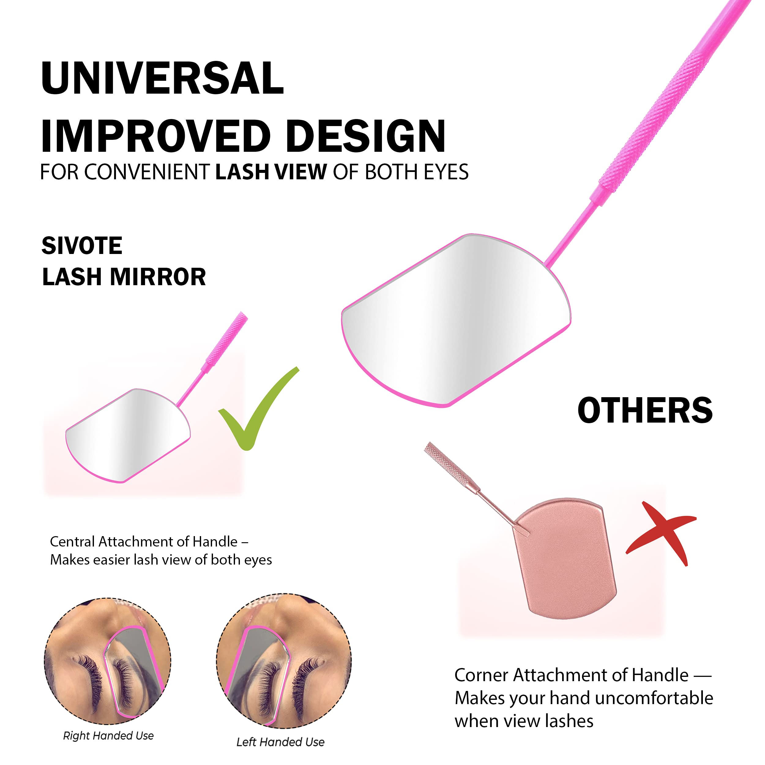 SIVOTE Lash Tool for Eyelash Extensions – Stainless Steel Beauty Mirror with Upgraded Pink Design – Professional Eyelash Accessory for Salon or Home Use (Pink)