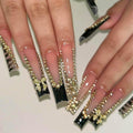 RUOKEXIN Long Square Press on Nails Black French Tip Fake Nails Sparkly False Nails with 3D Gold Bow Charms Designs Full Cover Glue on Nails Long Nail Press ons Cute Stick on Nails for Women 24Pcs