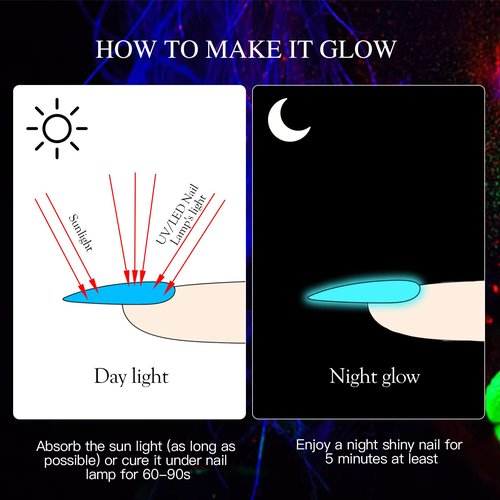 MSRUIOO Glow in the Dark Gel Nail Polish, 6 Colors Luminous Neon Gel Polish Set Fluorescent Bright Colors Hot Pink Yellow Purple Glow Effect Soak Off UV Gel Polish for DIY Nail Art Design