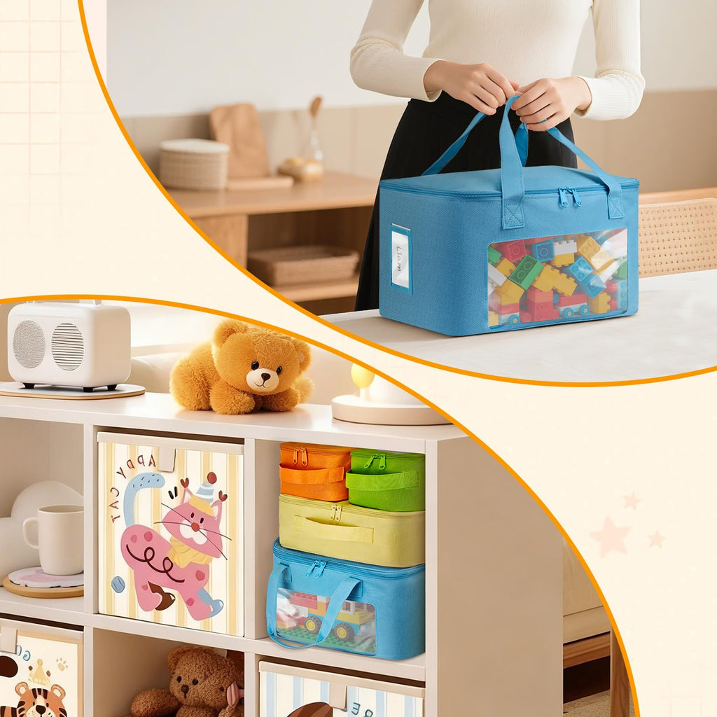 BOHEMIABY 4 PCS Visible Magnetic Tiles Storage Bags, Toy Storage Bags with Label for Home School, Carrying Case for Building Bricks, Puzzle, Board Games, Toy Car and Other